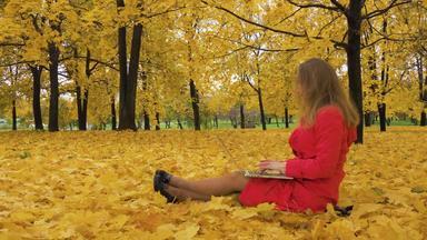年轻的高加索人女人长头发红色的斗篷打字移动PC坐着黄色的枫木树叶公园秋天完整的拍摄